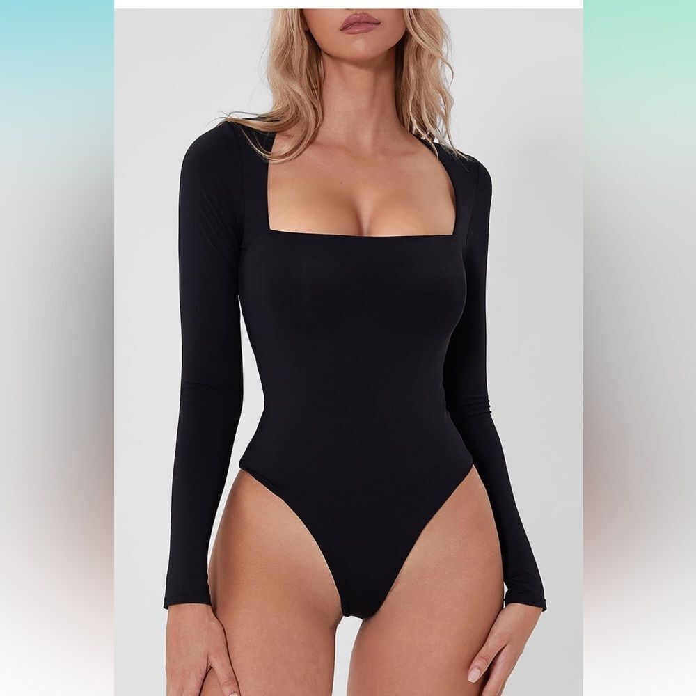 Ladies Qinsen Square Neckline Long Sleeve Black Double‎ Lined Bodysuit Medium